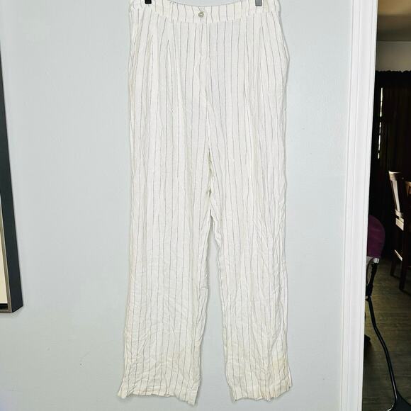 DONNI Off-White Stripe Pinstripe Linen Pleated Trousers Pants Size Large - Picture 7 of 15